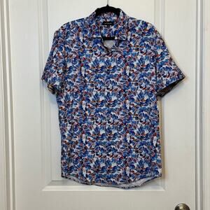 Blue and Red Casual Button Down Shirt with Floral Design